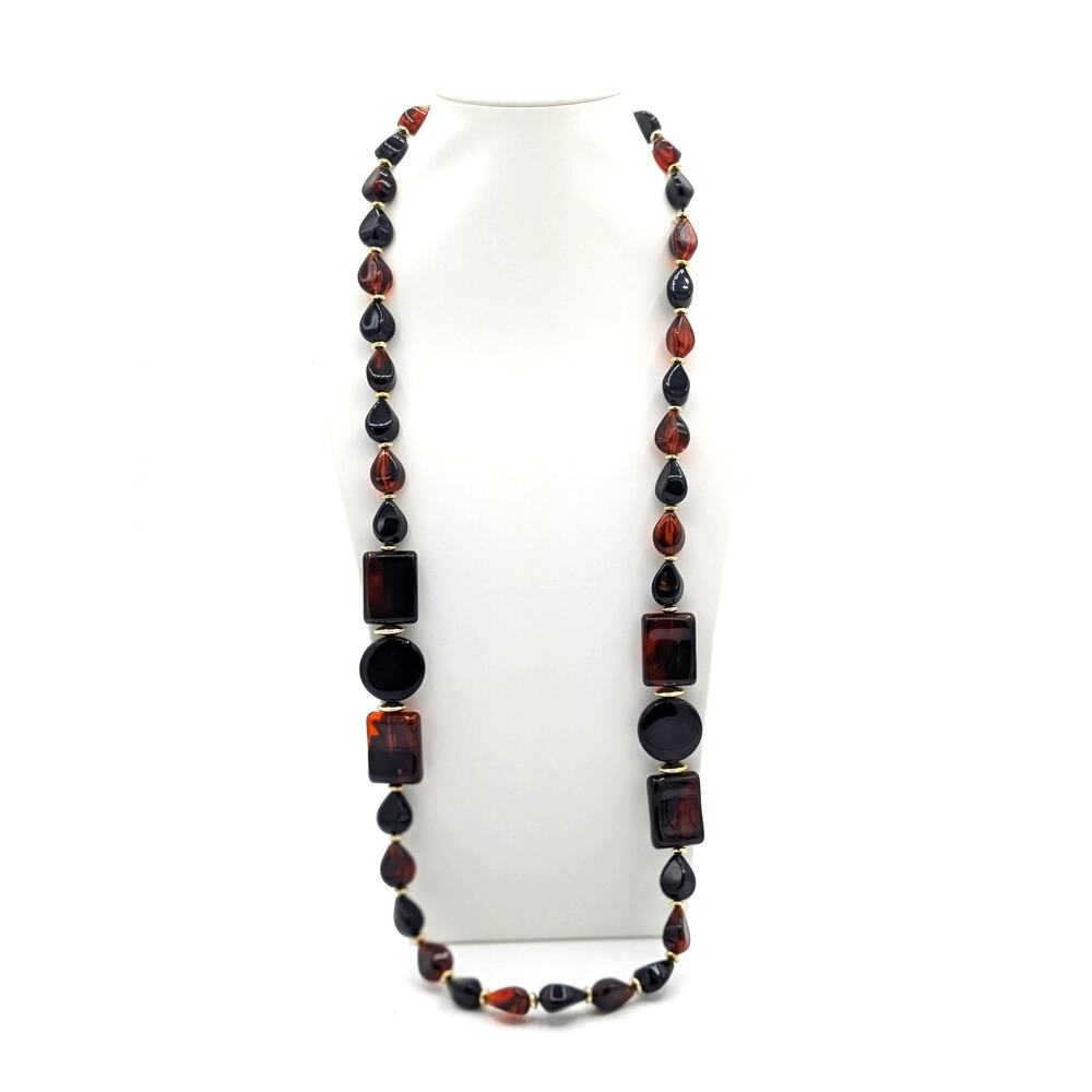 Vintage Acrylic Tortoise Shell Black Beaded Layering Neutral Statement Necklace